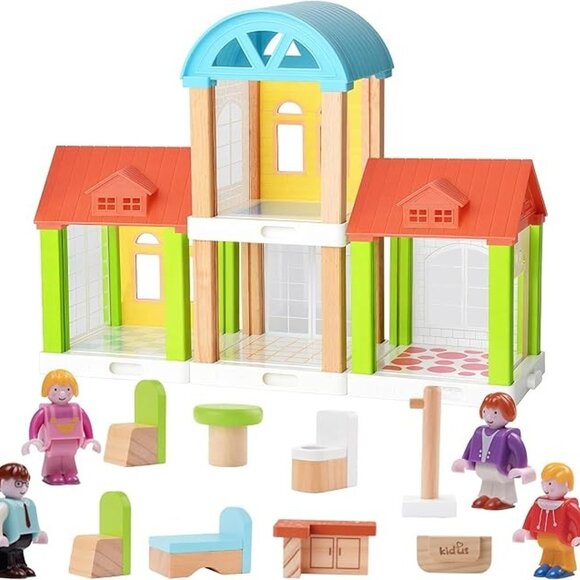 New 42-Piece Small Wooden Dollhouse Set, 4-Room Family Toy House with 4 Doll - Picture 8 of 8